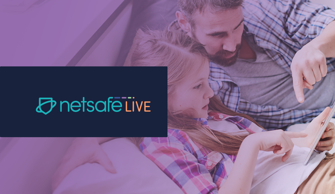 Dad looking at tablet with daughter, Netsafe LIve logo overlay