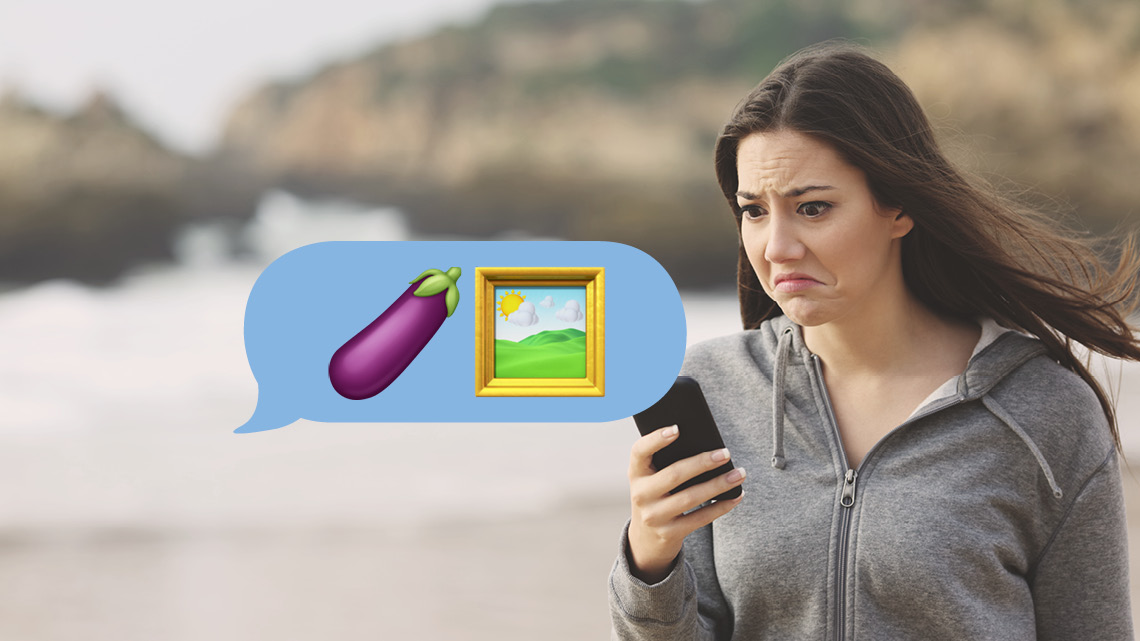 Girl looking shocked, eggplant emoji frame emoji