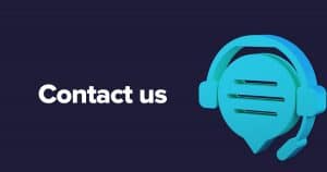 A message bubble and head set graphic with 'Contact us' written