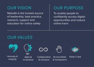 The image showcases Netsafe's vision, purpose and values in an image. The background details are contained on the webpage