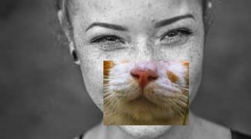 black and white closeup of girls face with a cat's nose and mouth overlaid on top