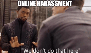 Meme featuring two people with heading that says Online harassment, we don't do that here.