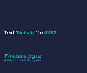 Map of New Zealand with Stay Connected Stay Safe on it and Netsafe's contact details