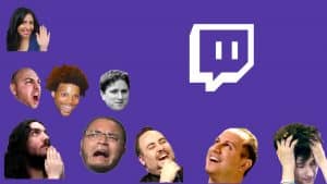 Face and icons on a purple background. Images via TwitchEmotes which is like emojis for Twitch
