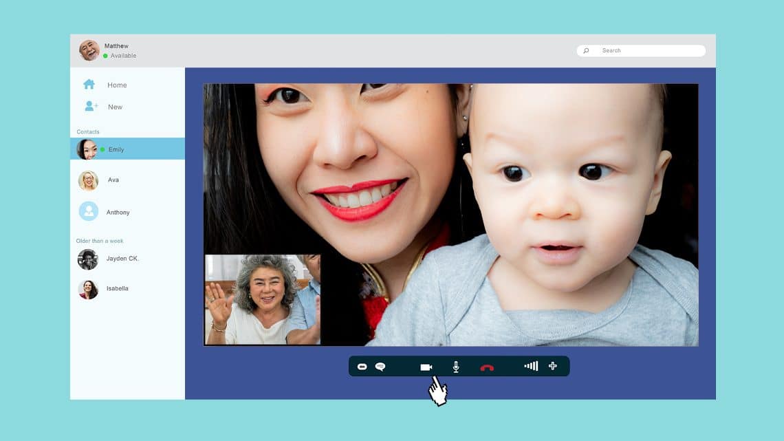 Interface showing video call between mother and child and grandparents