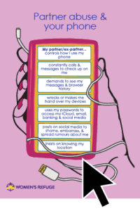 Partner abuse and your phone, illustration of hand holding phone and series of descriptions of partner abuse